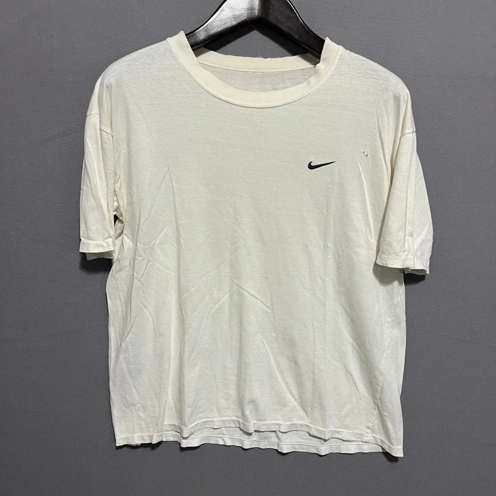 Vintage Nike Mini Swoosh T-Shirt Single Stitch Made in USA Cream Off-White Mens